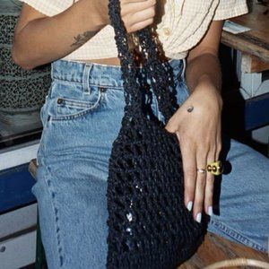 y2k Black Knit Crochet Beach Bag